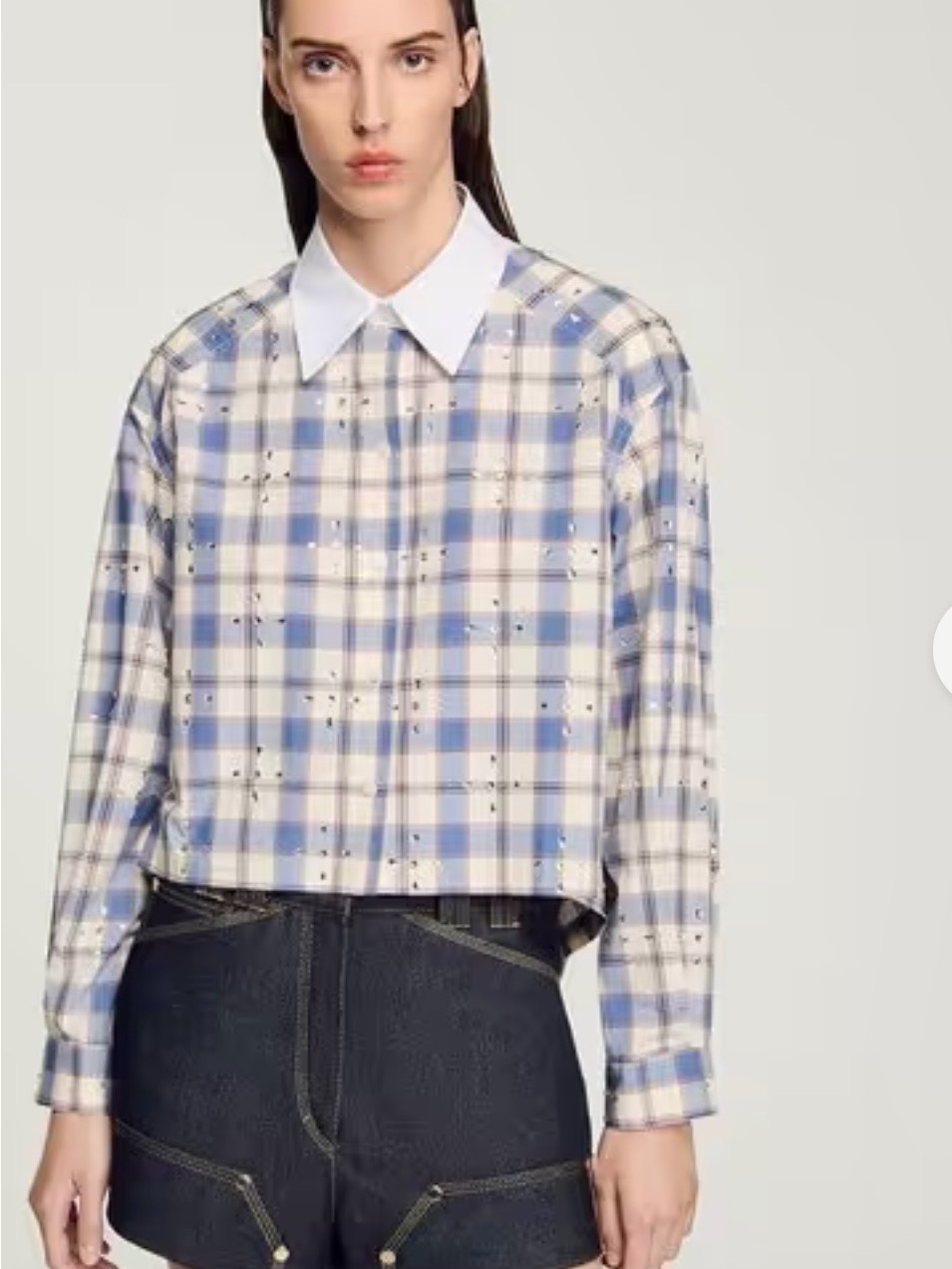 Sandro Cropped Blue And White Plaid Collared Shirt